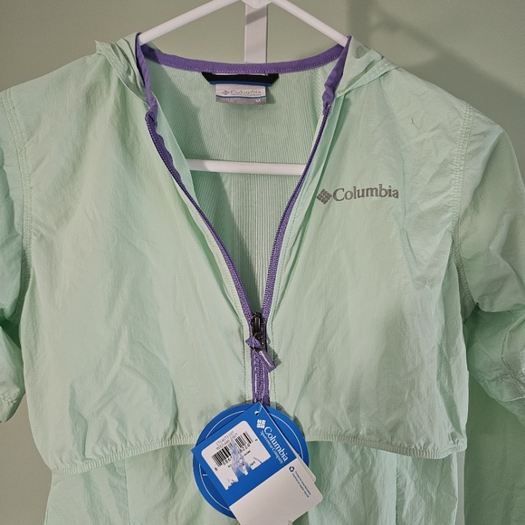 Girls Comlumbia Athena Windbreaker Long Jacket Sea Ice Green Purple Youth Medium - Picture 2 of 7